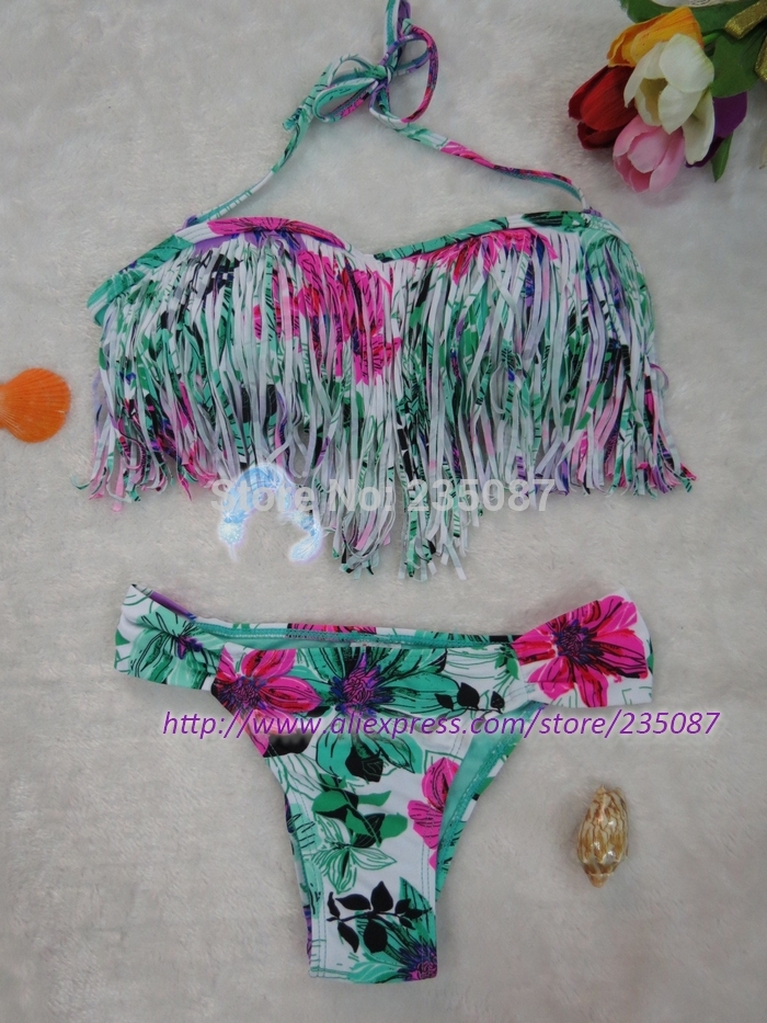 2015 새로운 술 프린트 비키니 홀터넥 수영복, laciniate 꽃 비키니, 여자 수영복, 드리 워진 목욕하는 biquini 타이츠 드 베인/SML 2015 New Tassel print bikini Halter swimsuit, laciniate Flora